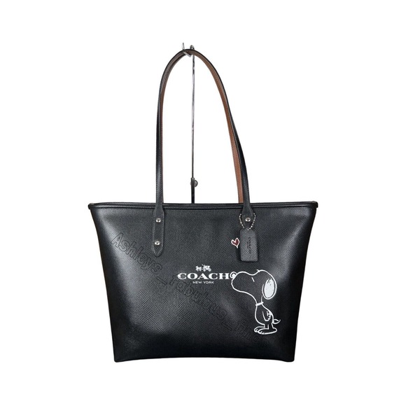 Coach X Peanuts Snoopy Leather City Zip Tote Black Shoulder Bag RARE F37273 - Picture 1 of 16